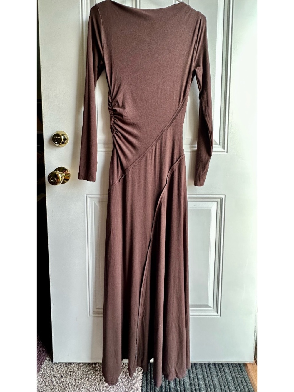 DIISH Hadley Choc Brown Long Sleeve Ruched Knit Maxi Dress - Size XS
